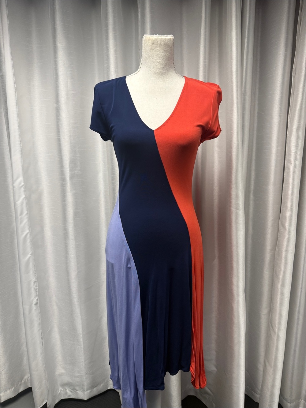 Tory Burch Navy, Red & Lavender Colorblock V-Neck Midi Dress